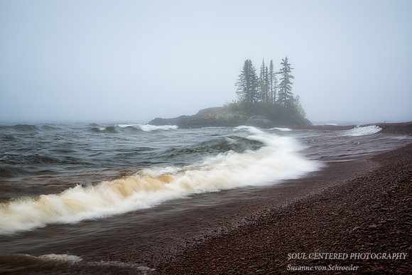 Tombolo and waves in fog, June '24 1