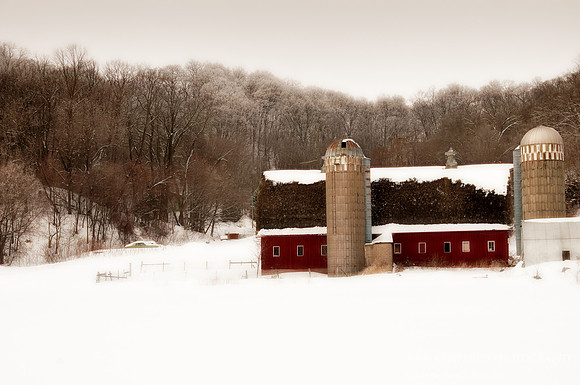 Red barn w. silo, winter MN