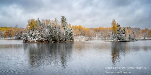 First snow, Oct. 14.'22, Audie Lake Island reflections 2, panorama