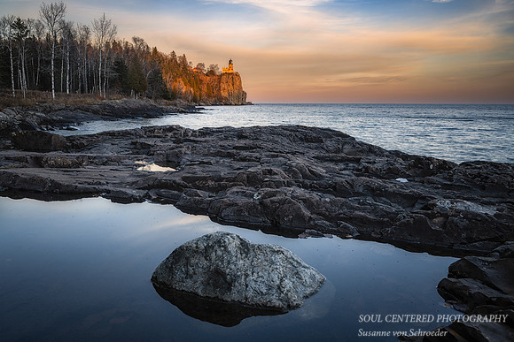 Split Rock lighthouse, lit up at sunset, Nov. '22 3