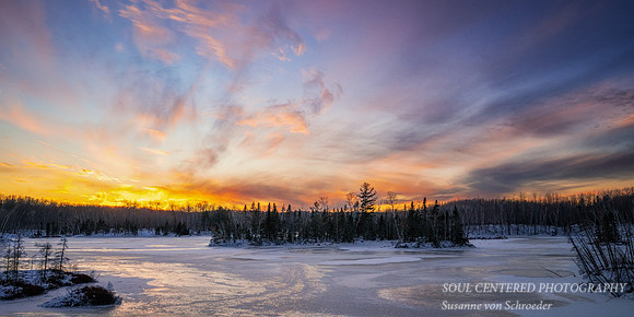 Colorful winter sunset, Audie Lake, Dec. '25 3, panorama