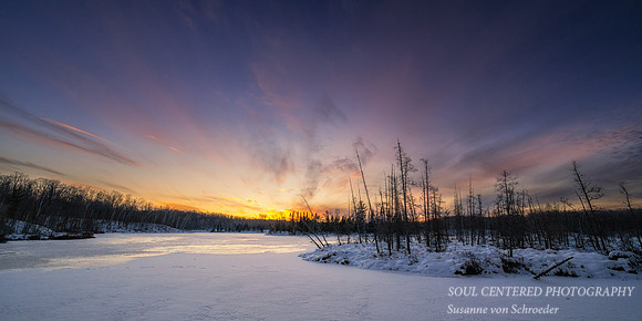 Colorful winter sunset, Audie Lake, Dec. '25 4, panorama