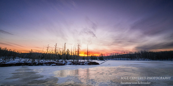 Colorful winter sunset, Audie Lake, Dec. '25 6, panorama