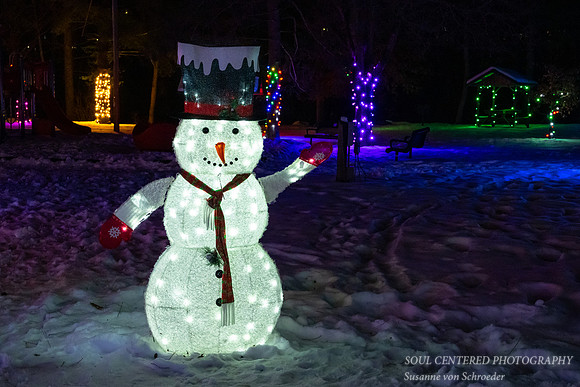 Christmas lights, snowman, Irvine Park Chippewa Falls