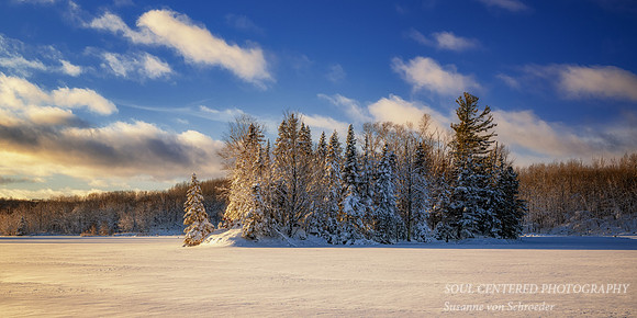 Fresh snowfall, evening light at Audie Lake, Dec. '25 5, panorama