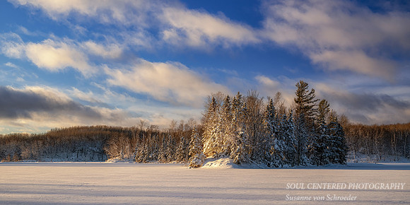 Fresh snowfall, evening light at Audie Lake, Dec. '25 6, panorama
