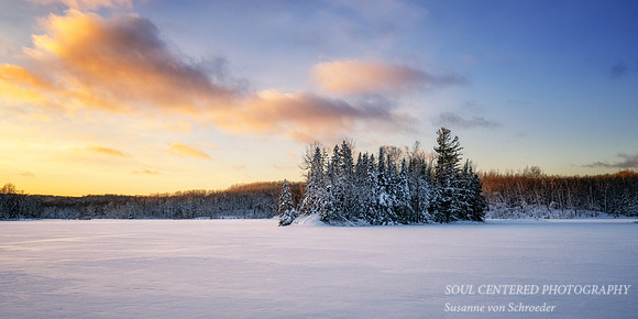 Fresh snowfall, evening light at Audie Lake, Dec. '25 8, panorama