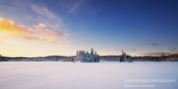 Fresh snowfall, evening light at Audie Lake, Dec. '25 9, panorama