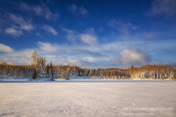 Fresh snowfall, evening light at Audie Lake, Dec. '25 2