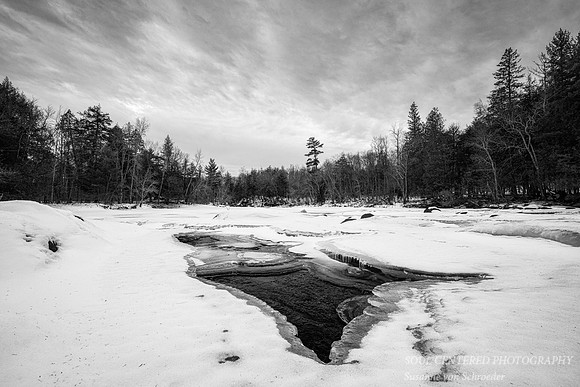 Frozen Flambeau river on a cloudy day, Dec. '25 3, Black & white