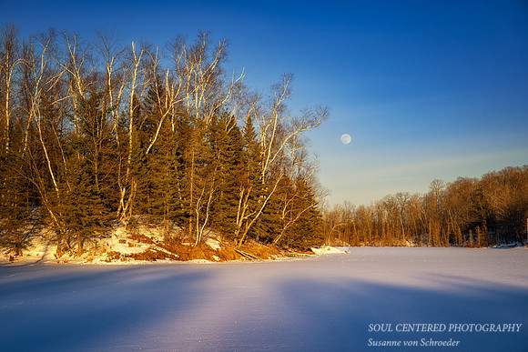 Sunny winter day with moon, Audie Lake, January '26 1
