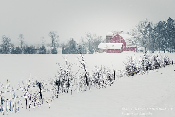 Red Barn in snow storm