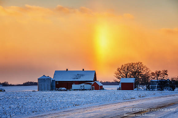 Sun Dogs with farm buildings