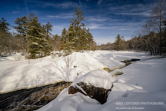 Snow covered Flambeau river, Little Falls, 3.2.'23