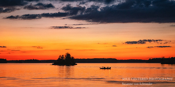 Fishing boat at dusk, Chippewa Flowage, WI, Aug. '26, panorama