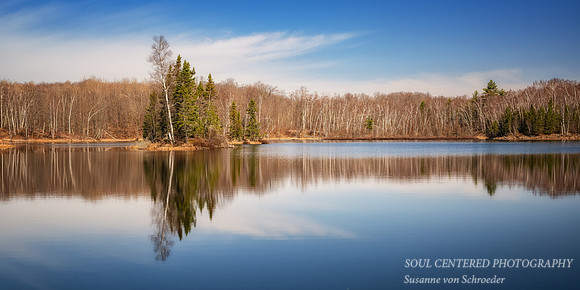 Calm spring morning with reflections, Audie Lake, April '26 2, panorama
