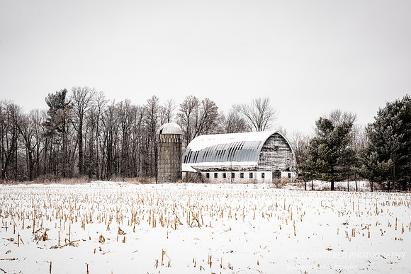 Barn in winter, high key