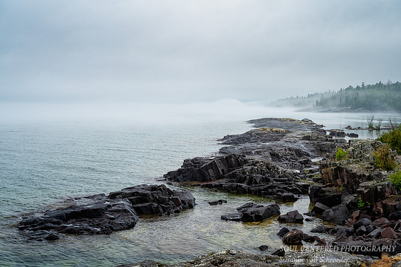 Foggy shoreline with rocks, Grand Marais, June '23