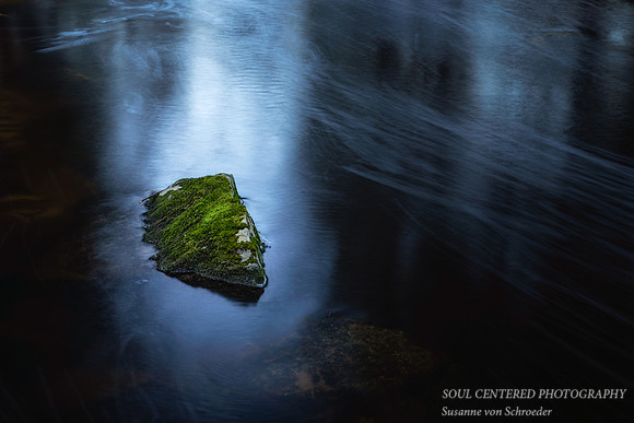 Mossy rock in a stream of light