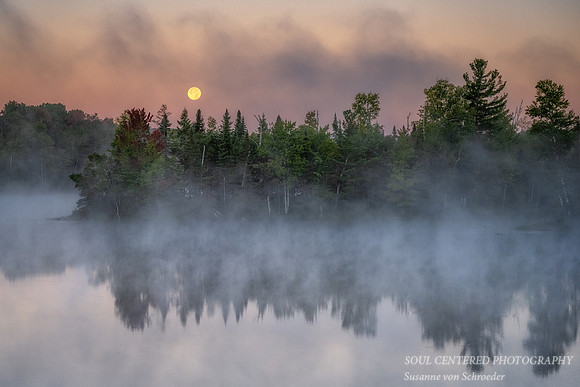 Super Blue Full moon setting, Audie Lake, Aug. '23 2