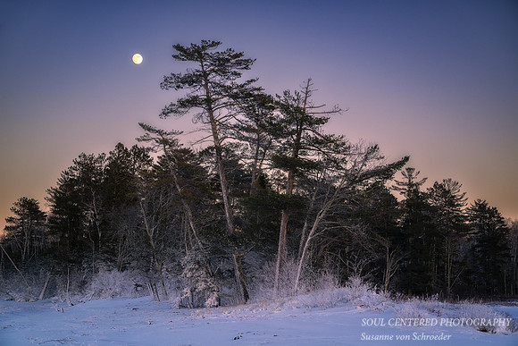 Winter evening with moon, Sand Bay, Lake Superior, WI