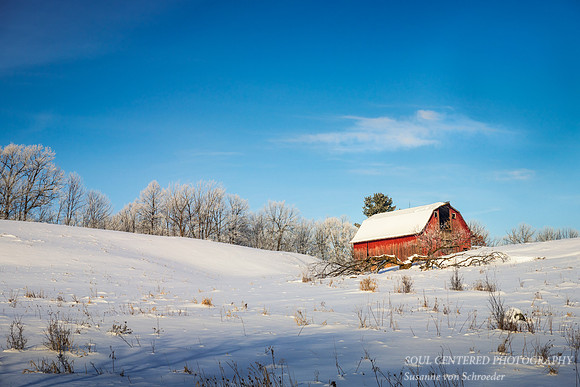 Red barn on a frosty winter day