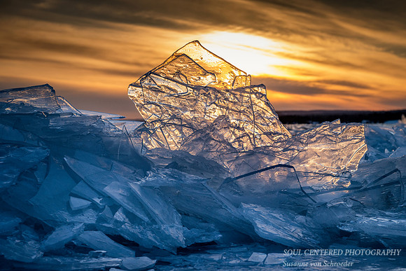 Stacked ice at sunset