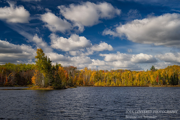 Fall colors with clouds, Audie Lake, mid Oct. '23 1