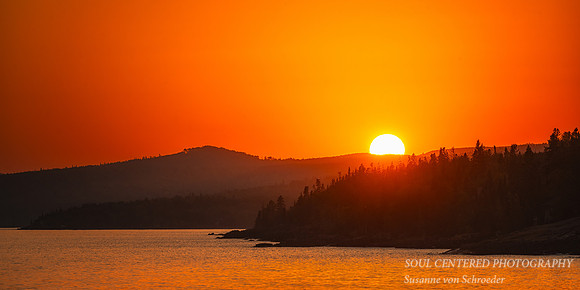 Lake Superior sunset, orange sky, Grand Marais 2, panorama