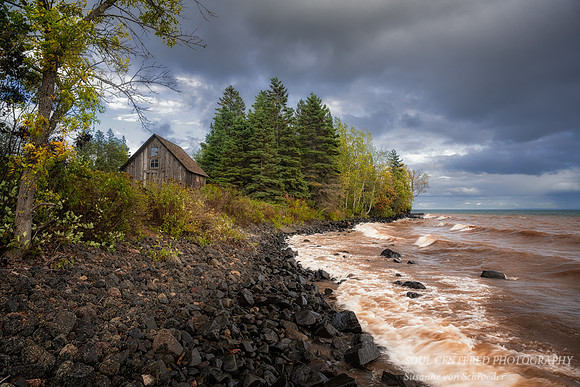 Fishing shack at Stoney Point with waves