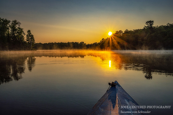 Foggy sunrise w. kayak, Audie Lake, July '21