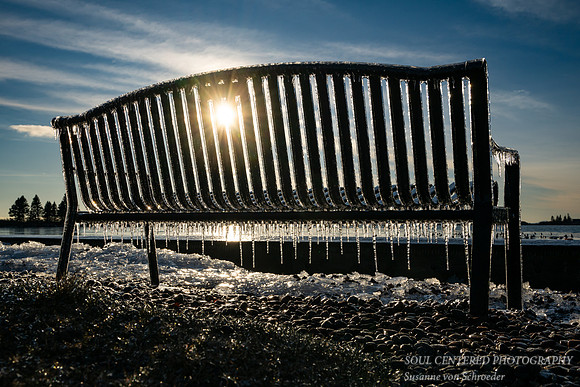 Bench with icicles, Grand Marais, MN