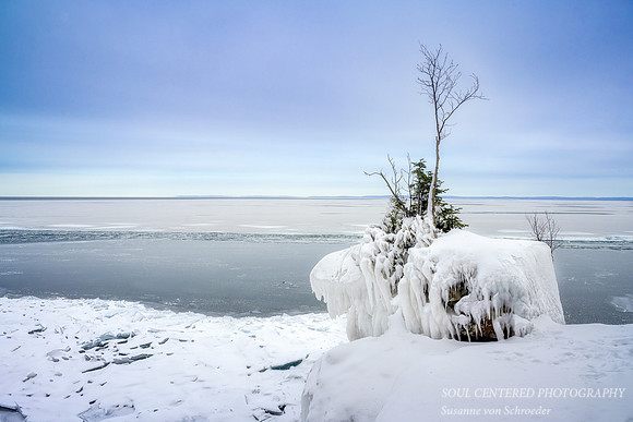 Winter scene, ice covered rock, Madeline Island, March '22 1