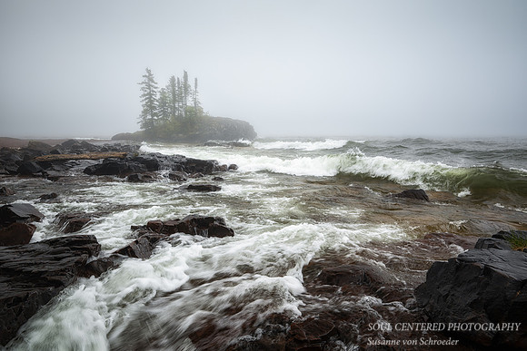 Tombolo and waves in fog, June '24 5