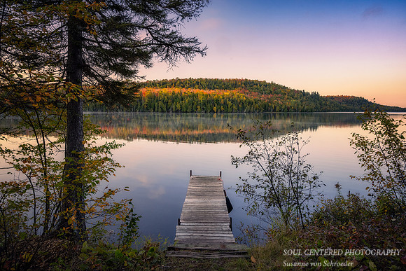 Sweet colors of Dawn at Lax Lake, MN, with dock