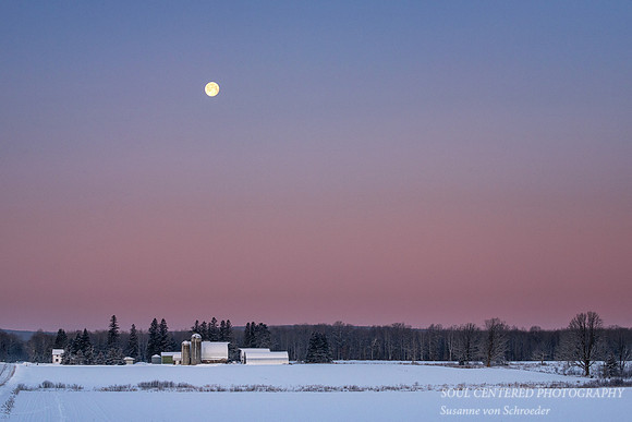 Setting full "Snow Moon", rural Wisconsin
