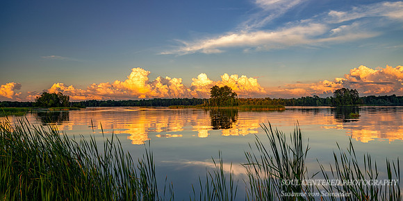 Sunlit clouds at sunset, Chippewa Flowage 2, panorama
