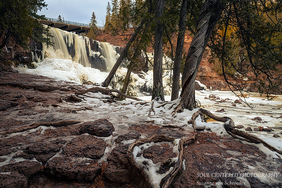 Gooseberry Middle Falls, with ice and Cedar trees, Nov. '20 2