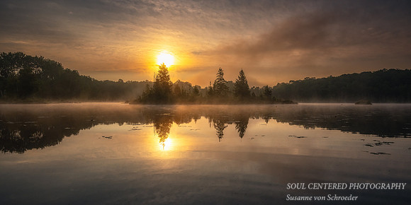 Sunrise on a misty morning, Audie Lake, August '25 1, panorama