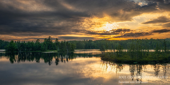 Moody Sunset clouds, Audie Lake, July '25, panorama