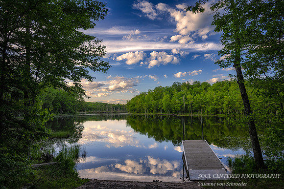Blue Sky and cloud reflections, dock at Perch Lake