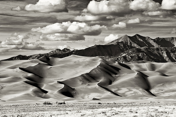 Sand Dunes w. mountains 1 bw