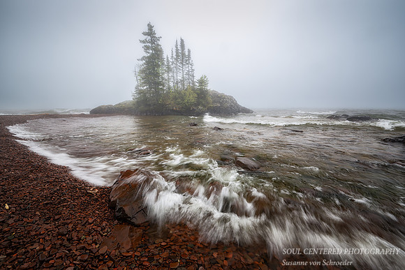 Tombolo and waves in fog, June '24 3