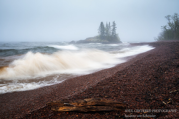 Tombolo and waves in fog, June '24 2