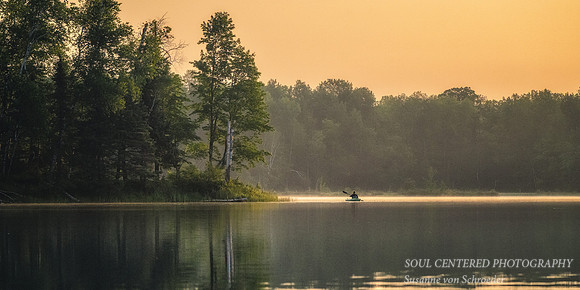 Kayaking in morning light, Audie Lake, panorama