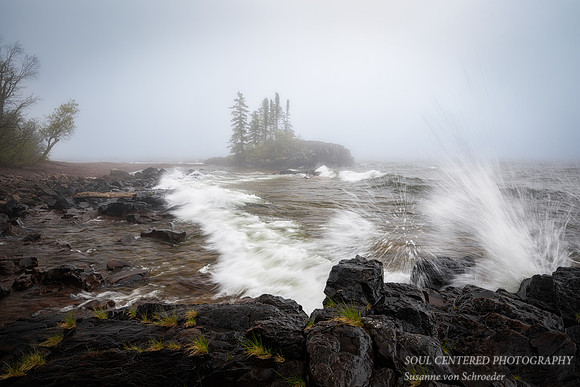 Tombolo and waves in fog, June '24 4